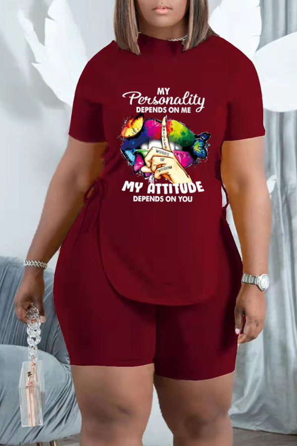 Burgundy Fashion Casual Print Bandage Asymmetrical O Neck Short Sleeve Two Pieces