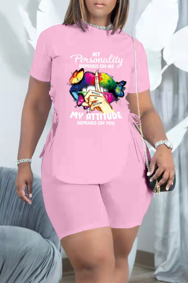 Pink Fashion Casual Print Bandage Asymmetrical O Neck Short Sleeve Two Pieces