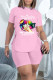 Pink Fashion Casual Print Bandage Asymmetrical O Neck Short Sleeve Two Pieces