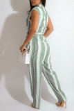 Blue Casual Striped Print Split Joint Buckle With Belt Straight Jumpsuits