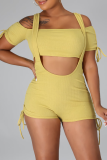 Pink Sexy Solid Patchwork Spaghetti Strap Short Sleeve Two Pieces