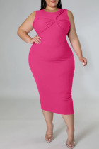 Rose Red Casual Solid Split Joint Knotted O Neck One Step Skirt Plus Size Dresses