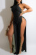 Black Fashion Sexy Solid Bandage Backless Slit O Neck Regular Jumpsuits