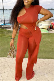 Orange Fashion Casual Solid Hollowed Out Asymmetrical O Neck Short Sleeve Two Pieces