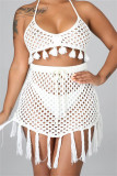 White Fashion Sexy Solid Tassel Bandage Hollowed Out Backless Swimwears (Without Paddings)