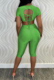 Silver Fashion Casual Solid Bandage Backless O Neck Short Sleeve Two Pieces