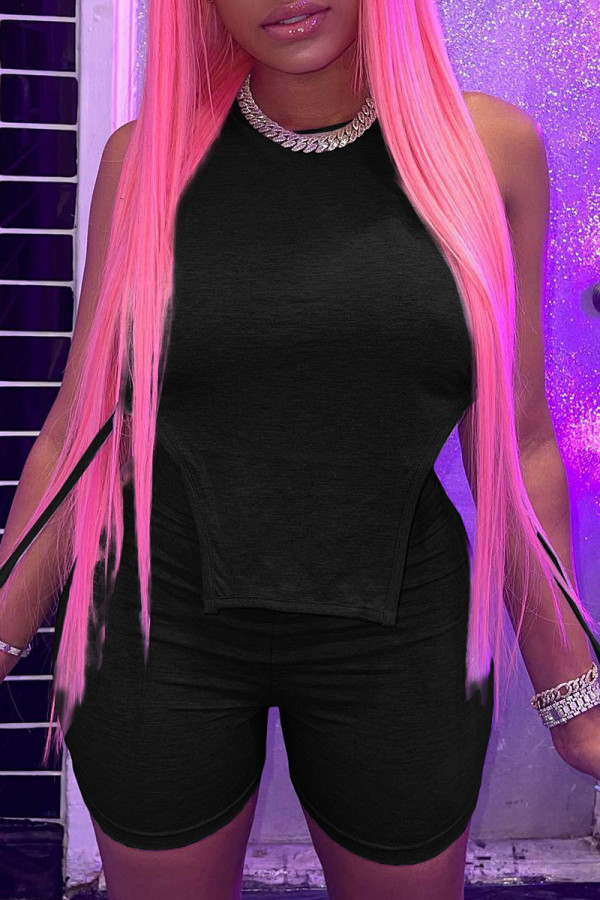 Black Fashion Casual Solid Asymmetrical O Neck Sleeveless Two Pieces