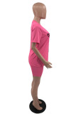 Pink Fashion Casual Print Basic O Neck Short Sleeve Two Pieces