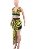 White Sexy Print Zebra Print Patchwork Asymmetrical Square Collar Sleeveless Two Pieces