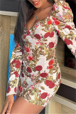 Multicolor Fashion Sexy Print Basic V Neck Long Sleeve Dresses
