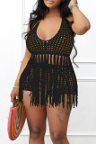 Red Sexy Solid Tassel Hollowed Out Patchwork Halter Sleeveless Two Pieces
