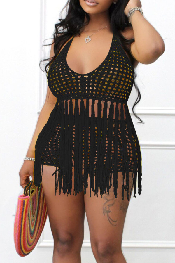 Black Sexy Solid Tassel Hollowed Out Patchwork Halter Sleeveless Two Pieces