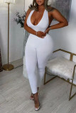 White Sexy Solid Patchwork Backless Halter Regular Jumpsuits