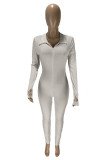 Beige Fashion Casual Letter Embroidery Basic Zipper Collar Skinny Jumpsuits