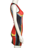 Tangerine Red Sexy Print Patchwork O Neck Pencil Skirt Dresses