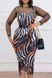 Blue Fashion Casual Patchwork Print See-through With Belt O Neck Long Sleeve Dresses