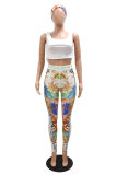 White Sexy Casual Print Vests Pants U Neck Sleeveless Three-piece Set (With Headscarf)