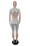 Silver Fashion Casual Solid Bandage Backless O Neck Short Sleeve Two Pieces