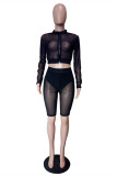 Black Fashion Sexy Solid Patchwork See-through Zipper Collar Long Sleeve Two Pieces