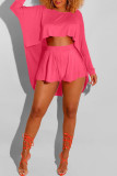 Watermelon Red Casual Street Solid Patchwork Asymmetrical O Neck Long Sleeve Two Pieces