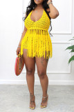 Red Sexy Solid Tassel Hollowed Out Patchwork Halter Sleeveless Two Pieces