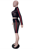Black Fashion Sexy Solid Patchwork See-through Zipper Collar Long Sleeve Two Pieces