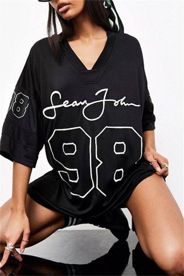 Black Fashion Casual Print Basic V Neck Short Sleeve Dress