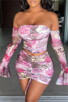 Pink Fashion Sexy Print See-through Backless Off the Shoulder Long Sleeve Two Pieces