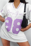 Cream White Fashion Casual Print Basic V Neck Short Sleeve Dress