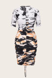 Black Yellow Fashion Casual Print Bandage Draw String Fold V Neck Short Sleeve Dress Dresses