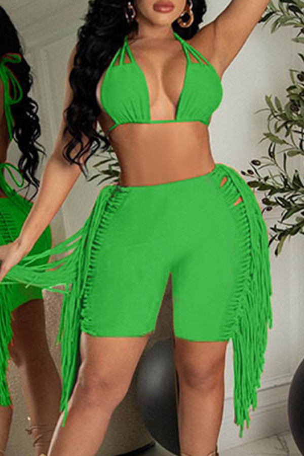 Green Sexy Solid Tassel Patchwork Halter Sleeveless Two Pieces