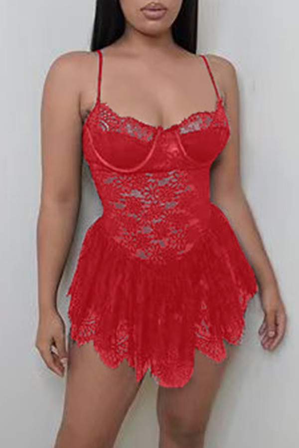 Red Fashion Sexy Solid See-through Backless Spaghetti Strap Sleeveless Dress