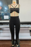 Black Sexy Solid Patchwork Hot Drill Spaghetti Strap Sleeveless Two Pieces