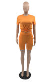 Orange Fashion Casual Solid Basic O Neck Short Sleeve Two Pieces