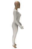 Beige Fashion Casual Letter Embroidery Basic Zipper Collar Skinny Jumpsuits