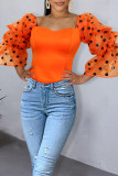 Orange Fashion Casual Dot Print Patchwork V Neck Tops