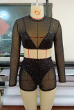 Black Fashion Sexy Solid Sequins See-through O Neck Short Sleeve Two Pieces