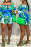 Turquoise Fashion Casual Print Bandage Off the Shoulder Regular Romper