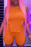 Pink Fashion Casual Solid Asymmetrical O Neck Sleeveless Two Pieces