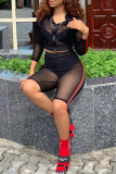Black Fashion Sexy Solid Patchwork See-through Zipper Collar Long Sleeve Two Pieces