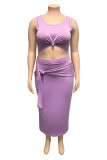 Purple Sexy Casual Solid Bandage O Neck Plus Size Two Pieces