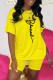 Yellow Fashion Casual Print Basic O Neck Short Sleeve Two Pieces