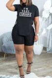 Black Fashion Casual Letter Print Bandage O Neck Short Sleeve Two Pieces