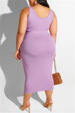 Purple Sexy Casual Solid Bandage O Neck Plus Size Two Pieces