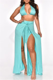 Light Blue Sexy Solid Bandage Patchwork Backless Slit Halter Sleeveless Two Pieces