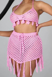 Pink Fashion Sexy Solid Tassel Bandage Hollowed Out Backless Swimwears (Without Paddings)