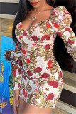 Multicolor Fashion Sexy Print Basic V Neck Long Sleeve Dresses