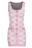 Pink Sexy Plaid Print Patchwork Buckle U Neck Pencil Skirt Dresses