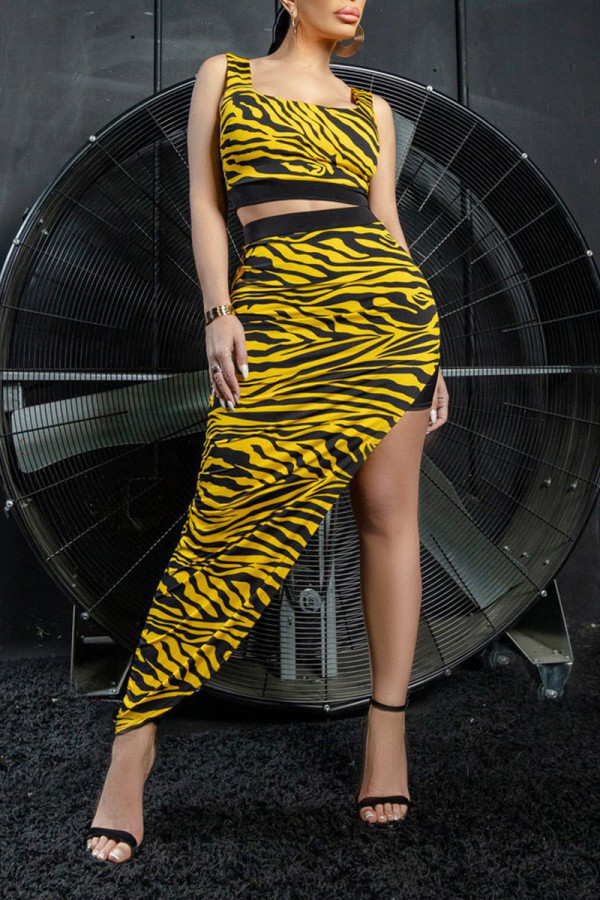Yellow Sexy Print Zebra Print Patchwork Asymmetrical Square Collar Sleeveless Two Pieces