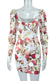 Multicolor Fashion Sexy Print Basic V Neck Long Sleeve Dresses